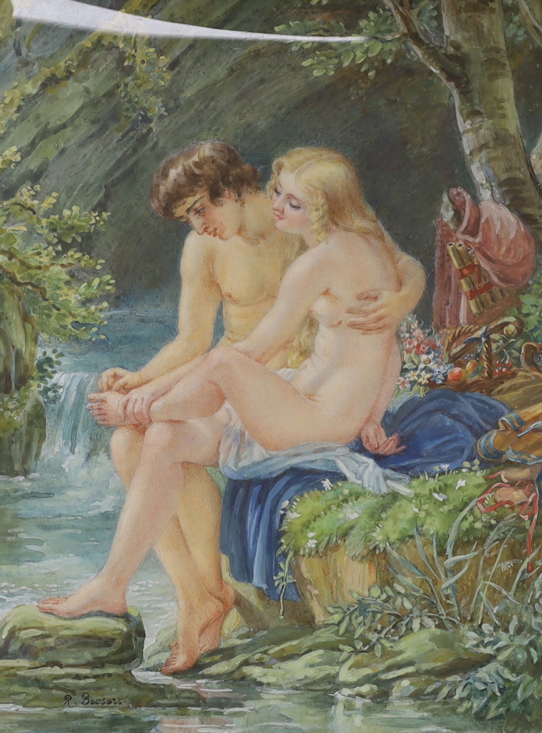 R. Bossart, pair of gouaches, Seated lovers beside streams, each signed, 18 x 23cm